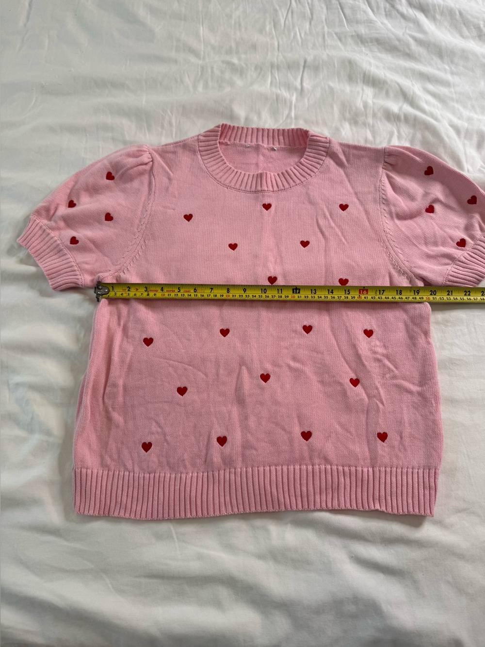 Pink Heart Puff Sleeve Cotton Sweater 2X Coquette Romantic Hearts Knit Top - Picture 8 of 10